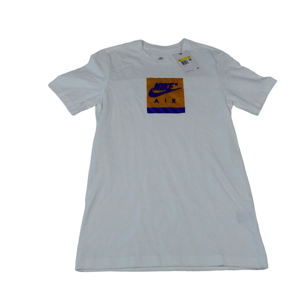Nike Air Swoosh Gold Blue Graphic White T Shirt Mens Small FZ7962-100